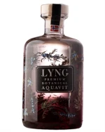 Rank akvavitflaske med lynglilla etiket og norsk naturmotiv